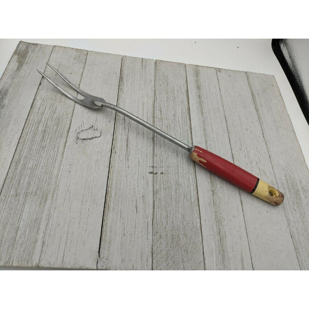 Vintage A&J #4 Meat Turning Fork 12 3/4" Wood Handle Stainless Steel